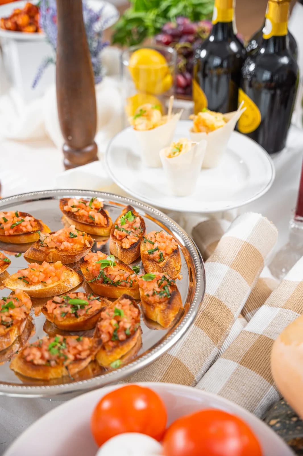 Bruschetta and canapes with wine at a catering event