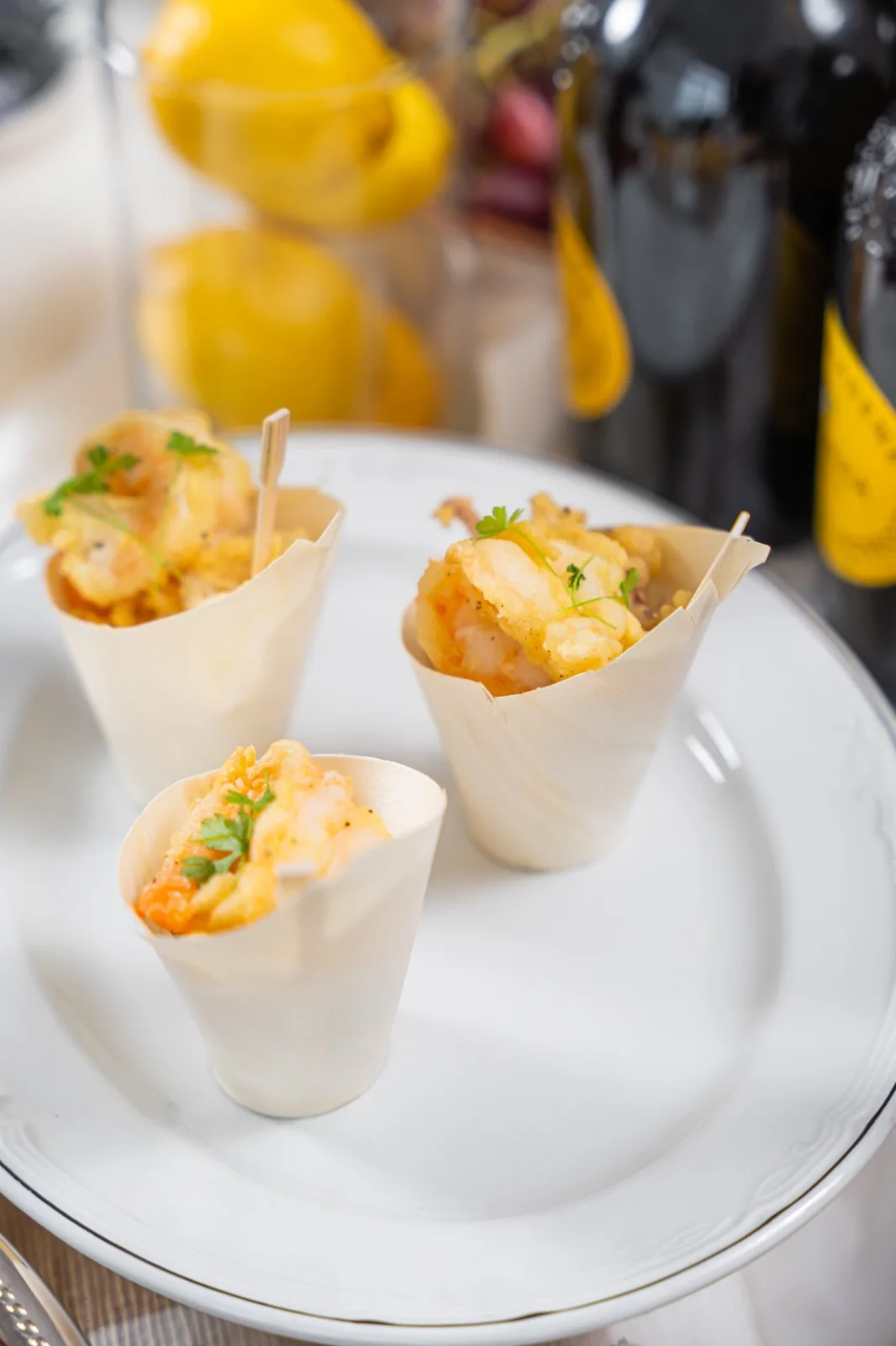 Fried prawn canapes in cones
